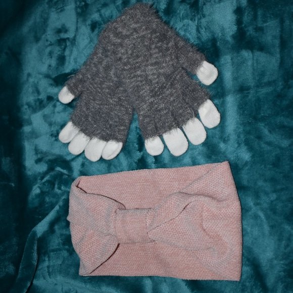 Winter Bundle Gray Gloves Pink Headwrap Black Hat - Picture 2 of 8
